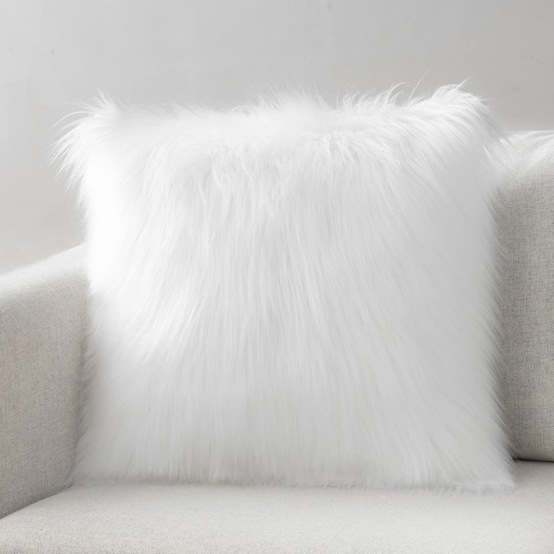Phantoscope Faux Fur Solid Decorative Pillow Cover Fluffy Throw Pillow Mongolian Luxury Fuzzy Pillow Case Cushion Cover for Bedroom and Couch, True White 24 x 24 Inches, Pack of 1 - Image 1